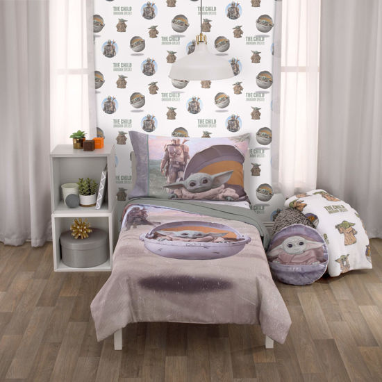Picture of Star Wars The Mandalorian The Child Green, Tan, White 4 Piece Toddler Bed Set - Comforter, Fitted Bottom Sheet, Flat Top Sheet, Riversible Pillowcase