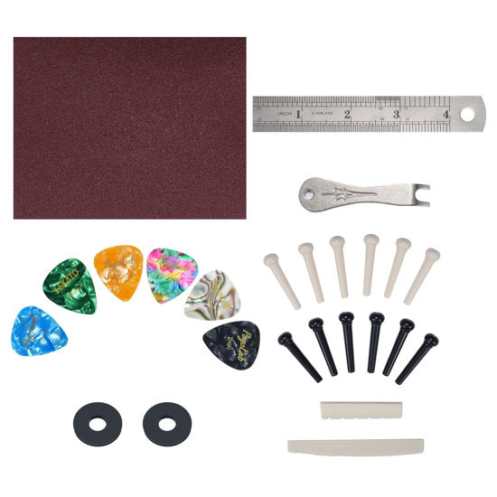 Picture of 25PCS Acoustic Guitar Accessories Kit, PogoLab Guitar Tool Changing Kit Including Bridge Pins, Bridge Saddle and Nut, Pin Puller, Strap Locks, Picks, Sand Paper for Acoustic Guitar