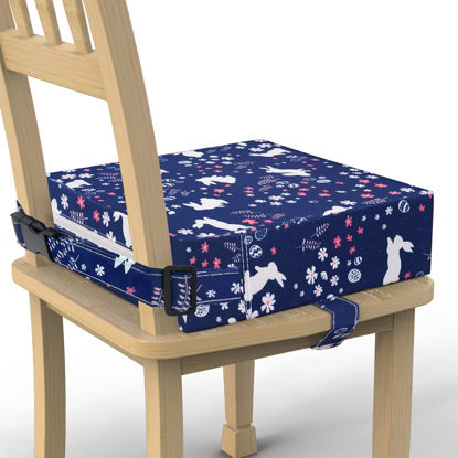 Picture of Toddler Booster Seat for Dining Table, Non-Slip Bottom Waterproof Booster Seat for Table, Adjustable Double Safe Straps Booster Seat for Toddler, Portable Travel Increasing Cushion (Navy Blue Rabbit)