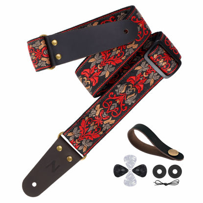 Picture of Nefelibata Guitar Strap, 2" Jacquard Embroidery Guitar Straps, Full Grain Leather Ends with Hidden Pocket, for Bass, Electric and Acoustic Guitars, Strap Button, Strap Locks and Guitar Picks