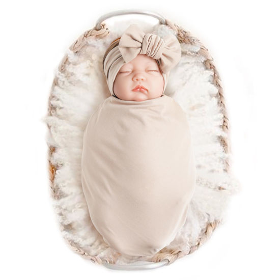 Picture of Konssy Baby Girl Newborn Receiving Blanket with Headband Set Baby Swaddle Nursery Swaddle Wrap