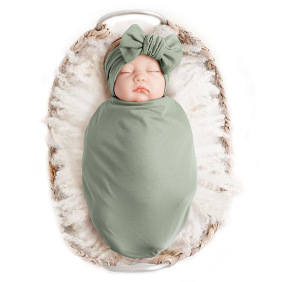 Picture of Konssy Baby Girl Newborn Receiving Blanket with Headband Set Baby Swaddle Nursery Swaddle Wrap