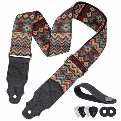 Picture of YIKOKO Guitar Strap, Head Layer Cowhide Leather End, 2 Inches Wide, for Acoustic and Bass Electric Guitars, Free Button, 2 Strap Locks and 4 Guitar Picks