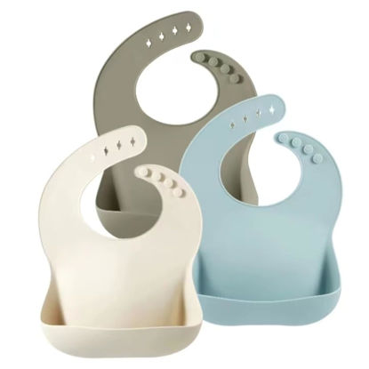 Picture of PandaEar Silicone Baby Bibs Set of 3 for Toddlers, BPA Free Waterproof Adjustable Feeding Bib with Large Pocket Food Catcher (Blue)