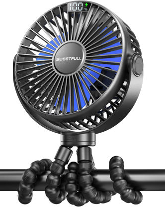 Picture of SWEETFULL Portable Stroller Fan, with Display 4000mAh Battery Powered Mini Clip On Fan, 4-Speed Rechargeable Small Personal Fan Handheld Desk Cooling Fan for Baby Car Seat Crib Travel Black