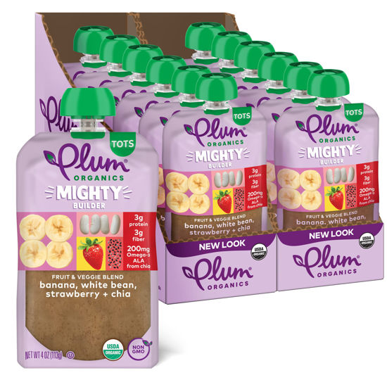 Picture of Plum Organics Mighty Builder Organic Toddler Food - Banana, White Bean, Strawberry, and Chia - 4 oz Pouch (Pack of 12) - Organic Fruit and Vegetable Toddler Food Pouch