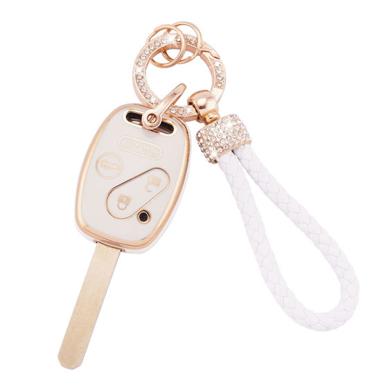 Picture of EKALA for Honda Key Fob Cover with Keychains Lanyard, 4 Buttons Soft TPU Keys Shells Girly White Key Fob Protector Compatible with Honda Accord Accord Crosstour Civic CR-V Pilot Element(Hod-4R)