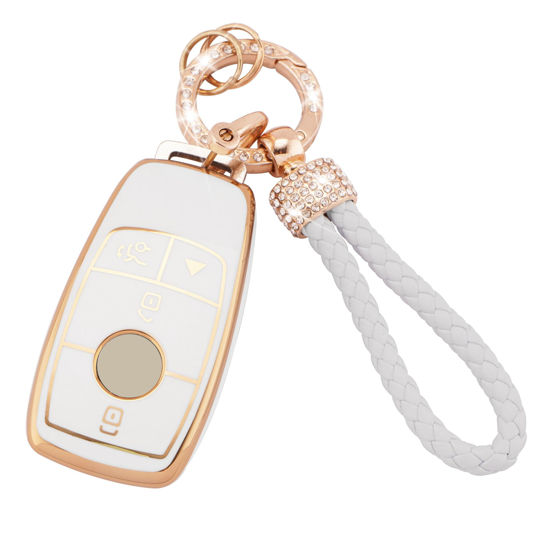 Picture of EKALA for Mercedes Benz Key Fob Cover, 4 Buttons Soft TPU Key Case Protector with Bling Keychain Fit for Mercedes Benz A B C E G S Class SL SLC CLS CLA GLB GLC GLE GLS AMG Smart Key Fob Case (Bz-4L)