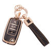 Picture of EKALA Key Fob Cover Fit for VW Volkswagen Tiguan Passat Golf Polo Beetle Jetta Touran Eos Scirocco 3 Buttons Key Case Soft TPU Key Shells with Leather Keychain Lanyard Black Gold (BP-Vlw-3S)