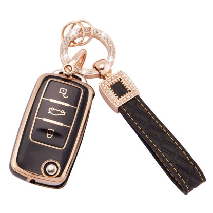 Picture of EKALA Key Fob Cover Fit for VW Volkswagen Tiguan Passat Golf Polo Beetle Jetta Touran Eos Scirocco 3 Buttons Key Case Soft TPU Key Shells with Leather Keychain Lanyard Black Gold (BP-Vlw-3S)