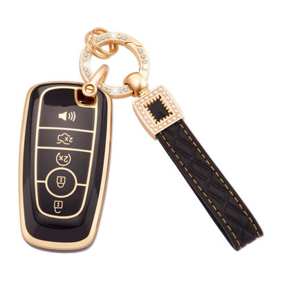 Picture of EKALA for Ford Key Fob Cover with Leather Key Fob Keychain, 5 Buttons Soft TPU Keys Shells Compatible with Ford Explorer Fusion Mustang F150 Edge Escape Expedition Lincoln Black Gold (BP-Frd-5)