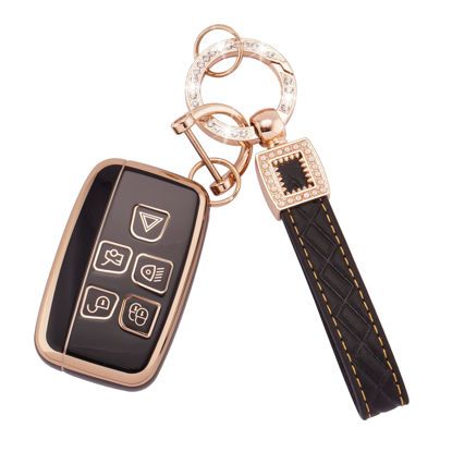 Picture of EKALA for Land Rover Key Fob Cover, 5 Buttons Soft TPU Key Fob Protector with Leather Keychain Fit for Land Rover LR4 Range Rover Sport Evoque Jaguar XF XJ XJL F-pace Smart Key Fob Case (BP-Rov)