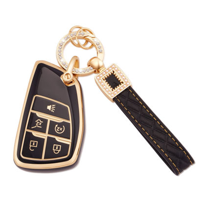 Picture of EKALA for GMC Key Fob Cover with Leather Key Fob Keychain, 5 Buttons Soft TPU Black Gold Key Shell Case Compatible with 2021 2022 2023 GMC Sierra 1500 Chevy Silverado 1500 2500HD 3500HD (BP-Bck-5D)