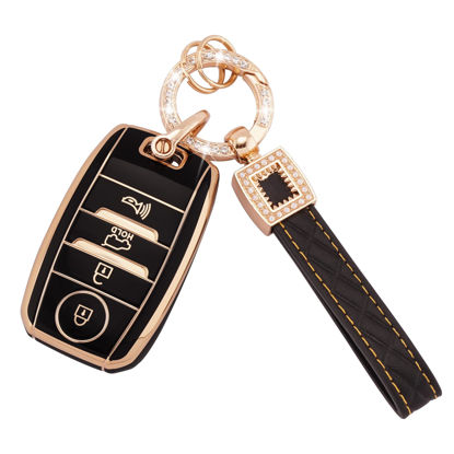 Picture of EKALA for Kia Key Fob Cover, 4 Buttons Soft TPU Key Fob Protector with Key Fob Keychain Compatible with Kia Optima Soul Sportage Sorento Forte NIRO Rio Smart Key Case Shell Black Gold (BP-Ki-4S)
