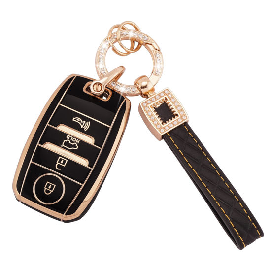 Picture of EKALA for Kia Key Fob Cover, 4 Buttons Soft TPU Key Fob Protector with Key Fob Keychain Compatible with Kia Optima Soul Sportage Sorento Forte NIRO Rio Smart Key Case Shell Black Gold (BP-Ki-4S)
