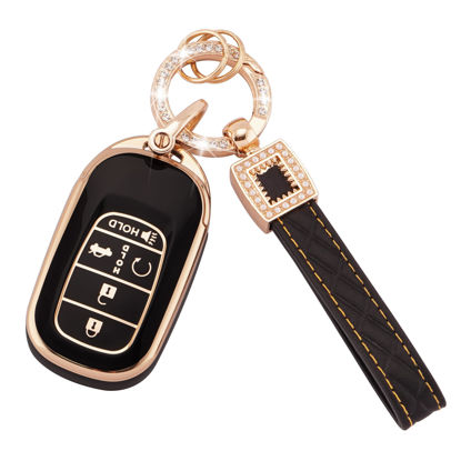 Picture of EKALA for Honda Key Fob Cover with Leather Key Fob Keychain, 5 Buttons Soft TPU Keys Shells Compatible with 2023 Honda Civic Accord Pilot CR-V HR-V Smart Key Fob Case Black Gold (BP-Hod-5R)