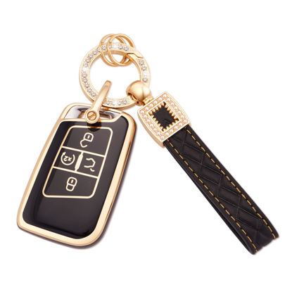 Picture of EKALA for Volkswagen Key Fob Cover with Leather Key Fob Keychain, 4 Buttons Soft TPU Keys Shells Compatible with Volkswagen Tiguan Atlas Passat Jetta Golf Alltrack Black Gold(BP-Vlw)