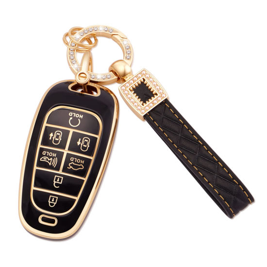 Picture of EKALA for Hyundai Key Fob Cover with Leather Key Fob Keychain, Soft TPU Key Fob Case Protector Full Covers Fit for Hyundai Tucson Sonata Nexo 7 Buttons Keyless Entry Smart Key Black Gold (BP-HYD-7)