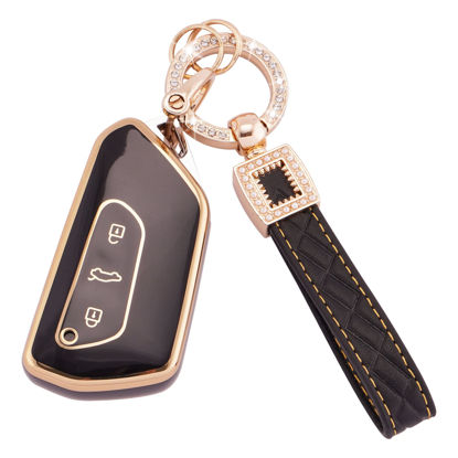 Picture of EKALA Key Fob Cover Fit for VW Volkswagen Golf 8 ID.3 ID.4 Seat Leon Tarraco Ateca Cupra Formentor Leon 3 Buttons Key Case Soft TPU Key Shells with Leather Keychain Lanyard Black Gold (BP-Vlw-3D)