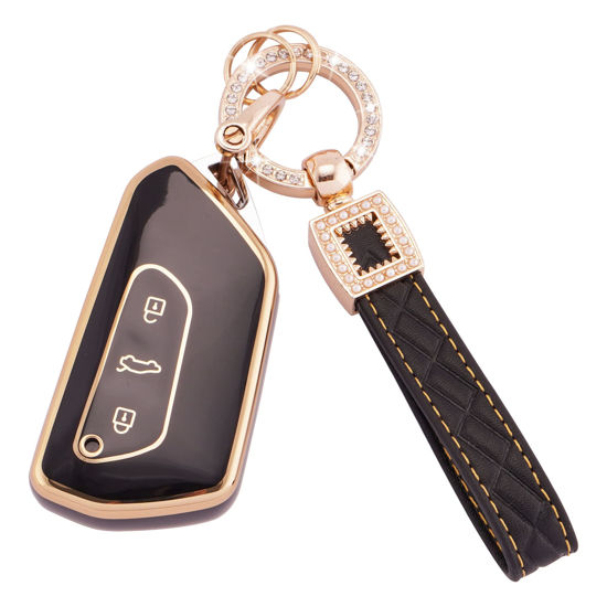 Picture of EKALA Key Fob Cover Fit for VW Volkswagen Golf 8 ID.3 ID.4 Seat Leon Tarraco Ateca Cupra Formentor Leon 3 Buttons Key Case Soft TPU Key Shells with Leather Keychain Lanyard Black Gold (BP-Vlw-3D)