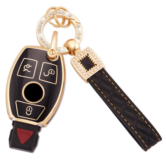 Picture of EKALA for Mercedes Key Fob Cover, 3 Buttons Soft TPU Key Fob Protector with Leather Keychain Lanyard Fit for Mercedes Benz A B C E G R S M Class AMG Smart Key Fob Case Black Gold(BP-Bnz)