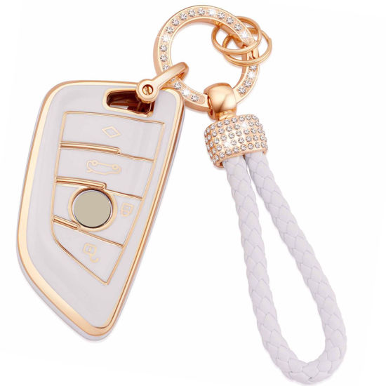 Picture of EKALA for BMW Key Fob Cover Soft TPU Full Protection Smart Key Case Shell White with Keychain Lanyard Fit for BMW X1 X2 X3 X5 X6 2 5 6 7 Series 3 4 Buttons Smart Key Fob Case(BM-4D)