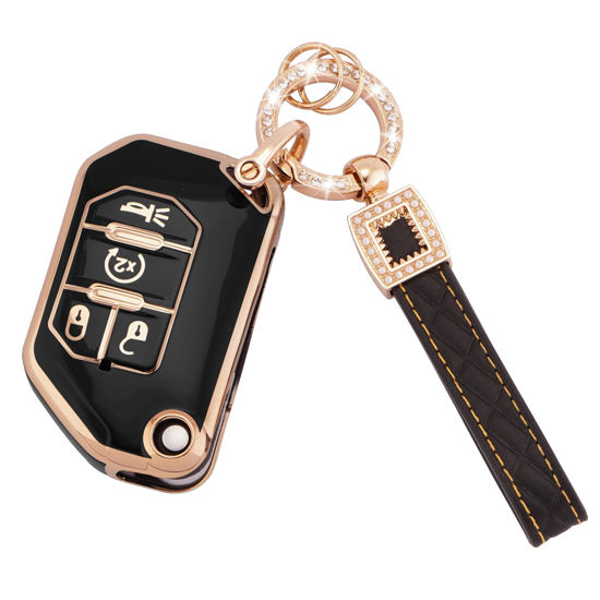 Picture of EKALA for Jeep Key Fob Cover with Leather Key Fob Keychain, Soft TPU Keys Shells Fit for Jeep Wrangler JL JLU Rubicon Gladiator JT Sahara JLU 4 Buttons Flip Folding Key Case Black Gold (BP-Jep-4F)