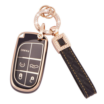 Picture of EKALA for Jeep Key Fob Cover with Leather Key Fob Keychain, 3 4 5 Buttons Soft TPU Keys Shells Compatible with Jeep Grand Cherokee Compass Renegade Cherokee Dodge Chrysler Key Fob Protector (BP-Jep)