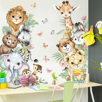 Picture of Watercolor Jungle Animal Wall Decals Tiger Elephant Giraffe Zebra Lion Wall Stickers Removable Animal Wall Decals Stickers Decor for Baby's Nursery Playroom Bedroom Classroom Kindergarten Wall Decor