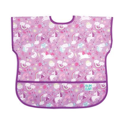 Picture of Bumkins Short Sleeve Bib for Girl or Boy, Toddler and Kids for 1-3 Years, Large Size, Essential Must Have for Junior Children, Eating, Mess Saving Soft Fabric Apron for Play, Unicorns Purple