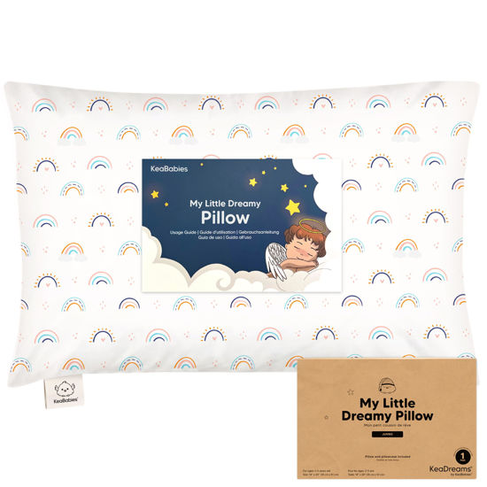 Picture of KeaBabies Toddler Pillow with Pillowcase, Jumbo 14X20 - Soft Organic Cotton Toddler Pillows for Sleeping - Machine Washable - Perfect for Travel, Toddler Bed Set (Jolly Rainbow)