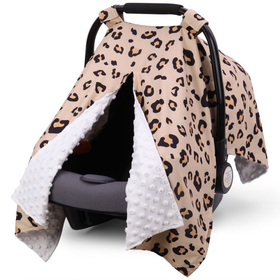 Picture of Rquite Car Seat Cover Baby, Carseat Covers for Boy Girl, Minky Infant Car Seat Cover Winter, Peekaboo Opening Car Seat Canopy, Multiuse Baby Carrier, Stroller, Nursing Cover, Minky Blanket, Leopard
