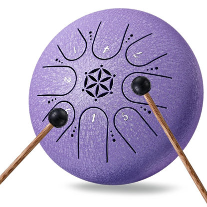 Picture of Steel Tongue Drum Hand Drums: PUJONI 6 Inch 8 Notes Metal Musical Instruments, Music Gifts for Family Friends (Lavender)