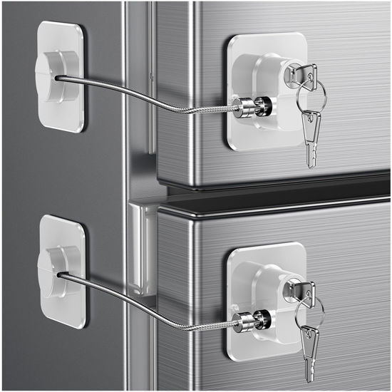Picture of 2 Pack Refrigerator Door Lock, Child Proof Fridge Door Lock for Kitchen Freezer, Cabinets and Drawers, Air Oven Air Fryer, Closets, Windows, Doors-No Tools Need or Drill (Patent) (2 pcs Lock White)