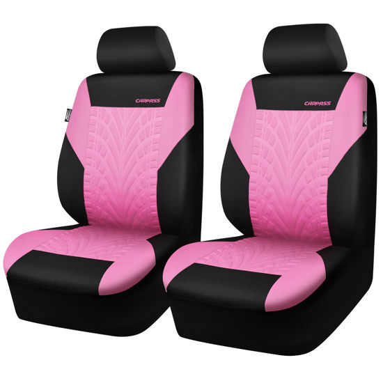 Picture of CAR PASS Car Seat Covers Two Front Only for Car, 3D Tyre Print Automotive Interior Covers, Airbag Compatible, Quick Setup Universal Fit Seat Covers for Car, Truck, SUV(Black and Pink)