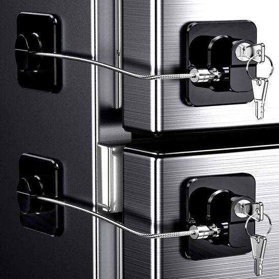 Picture of 4 Pack Refrigerator Locks with Keys for Kids, Toddlers and Adults, Self Adhesive Child & Baby Proofing Fridge Latch for Double Door, French Door, Cabinets and Drawers, Oven, Windows (Patent)