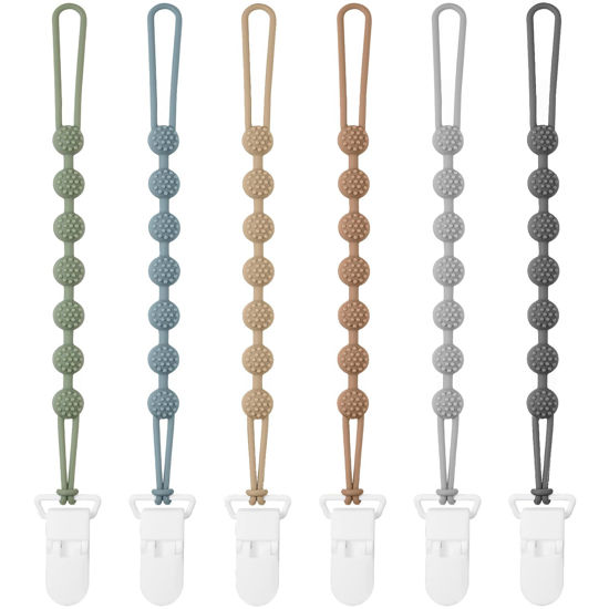 Picture of Eascrozn 6 Pack Silicone Pacifier Clip with One-Piece Design for Baby Boys and Girls, BPA Free Soft Flexible Binky Clips with Texture for Baby Essentials