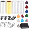 Picture of Guitar Slide, 4pcs Augshy Medium Guitar Slides(1 Stainless Steel, 1 Brass and 2 Glass), 4pcs Stainless Steel and 4pcs Plastic Thumb & Finger Picks, 10pcs Guitar Picks All in One Box Guitar Accessories