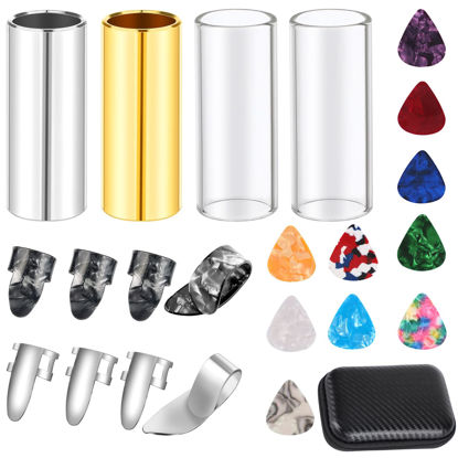 Picture of Guitar Slide, 4pcs Augshy Medium Guitar Slides(1 Stainless Steel, 1 Brass and 2 Glass), 4pcs Stainless Steel and 4pcs Plastic Thumb & Finger Picks, 10pcs Guitar Picks All in One Box Guitar Accessories