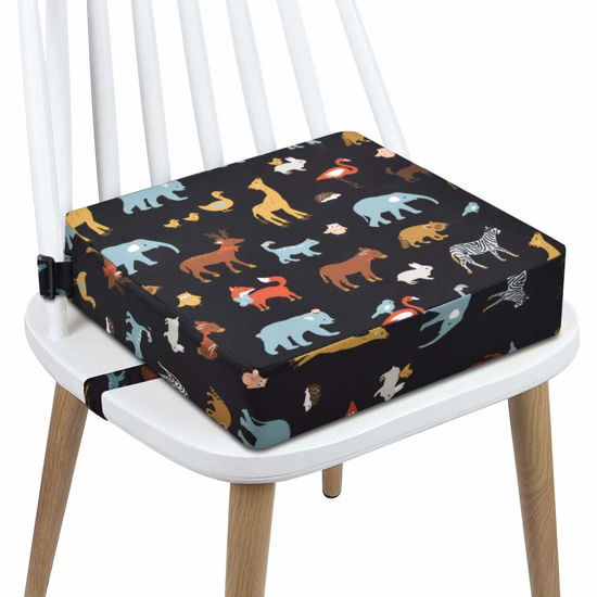 Picture of Toddler Booster Seat Dining, Cartoon Canvas Washable 2 Straps Safety Buckle Kids Booster Seat for Dining Table, Portable Travel Increasing Cushion (Elephant-Black)