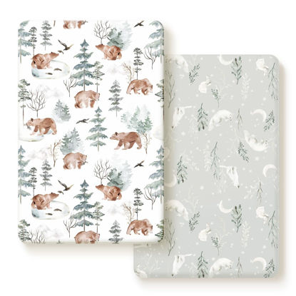 Picture of Stretchy Ultra Soft Jersey Knit Fitted Pack and Play Sheets Set 2 Pack, Portable/Mini Crib Sheets Safe and Snug Fitted for Boys and Girls, Cute Bear and Wolf Pattern
