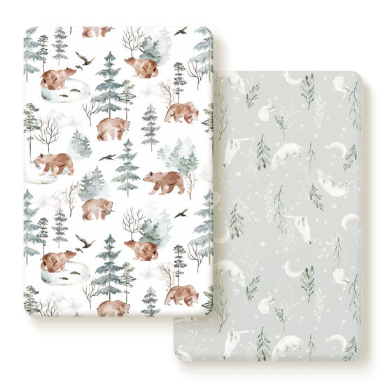 Picture of Stretchy Ultra Soft Jersey Knit Fitted Pack and Play Sheets Set 2 Pack, Portable/Mini Crib Sheets Safe and Snug Fitted for Boys and Girls, Cute Bear and Wolf Pattern