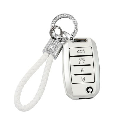 Picture of PIFOOG for Kia Key Fob Cover TPU White Silver 4 Buttons Keys Case Shell Protector Bling Keychain for Kia Sorento Optima Soul Sportage Niro Forte Rio Accessories Girly Women Men