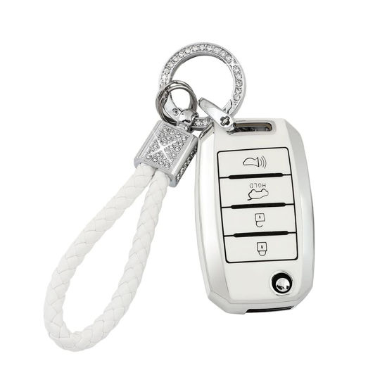 Picture of PIFOOG for Kia Key Fob Cover TPU White Silver 4 Buttons Keys Case Shell Protector Bling Keychain for Kia Sorento Optima Soul Sportage Niro Forte Rio Accessories Girly Women Men