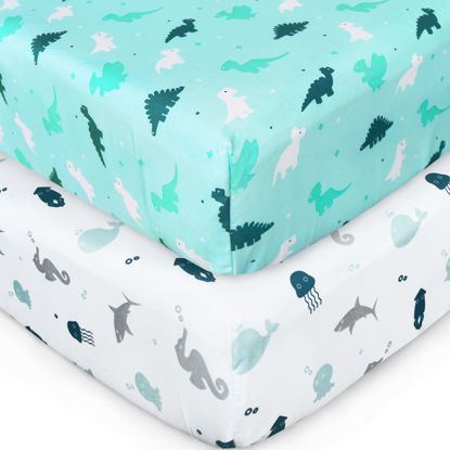Picture of Crib Sheets for Boys or Girls 2-Pack, Fitted Sheet 52'' x 28'' Standard & Toddler Mattres, Soft and Breathable Material, Baby Neutral, Dinosaurs Ocean