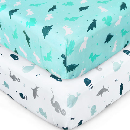 Picture of Crib Sheets for Boys or Girls 2-Pack, Fitted Sheet 52'' x 28'' Standard & Toddler Mattres, Soft and Breathable Material, Baby Neutral, Dinosaurs Ocean