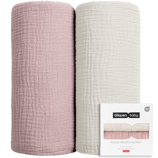 Picture of GLLQUEN BABY Muslin Swaddle Blankets for Girls, 2-Pack Organic Baby Blankets for Girl Boy, Newborn Receiving Blanket, Baby Swaddle Blanket Unisex, Baby Essentials, Registry & Gift, 40 x 38 inches