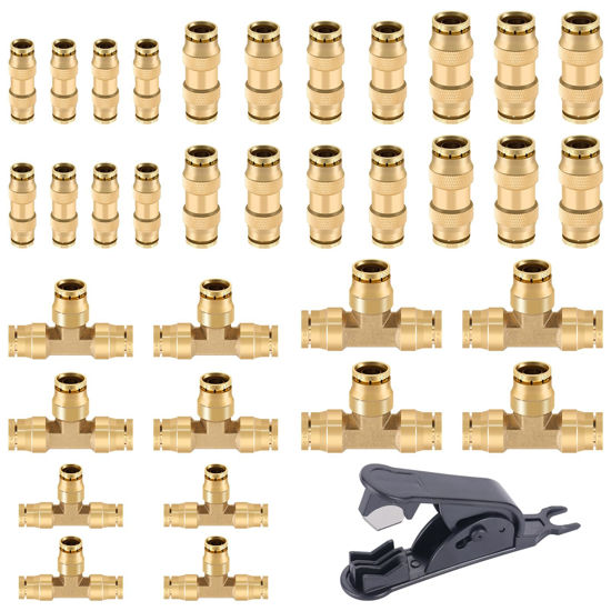 Picture of CheeMuii 35 PCS Brass DOT Air Line Fittings Kit 1/4 3/8 1/2 DOT Quick Connect Air Fittings Straight & Tee Union Push to Connect Air Hose Fittings for Semi Truck Trailers Air Brake System