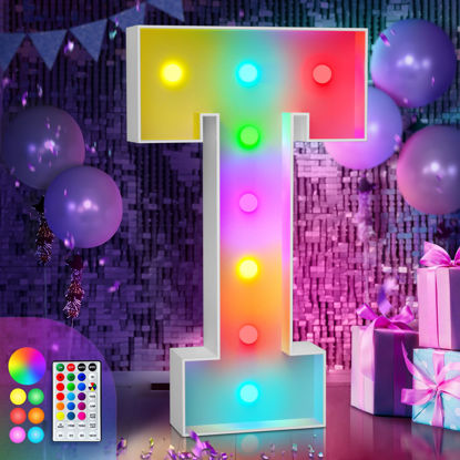 Picture of imprsv 3FT Colorful Marquee Light Up Letters T, 18 Colors Light Up Letters Alphabet Sign with Remote, One Letters First Birthday, Large Letters for Birthday Engagement Anniversary Wedding Party Decor