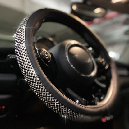 Picture of PINCTROT Large Size Bling Comfy Steering Wheel Cover with Jumbo Crystal Rhinestones, Anti-Slip Diamond Leather, 15.5-15.75 Inch (Black)